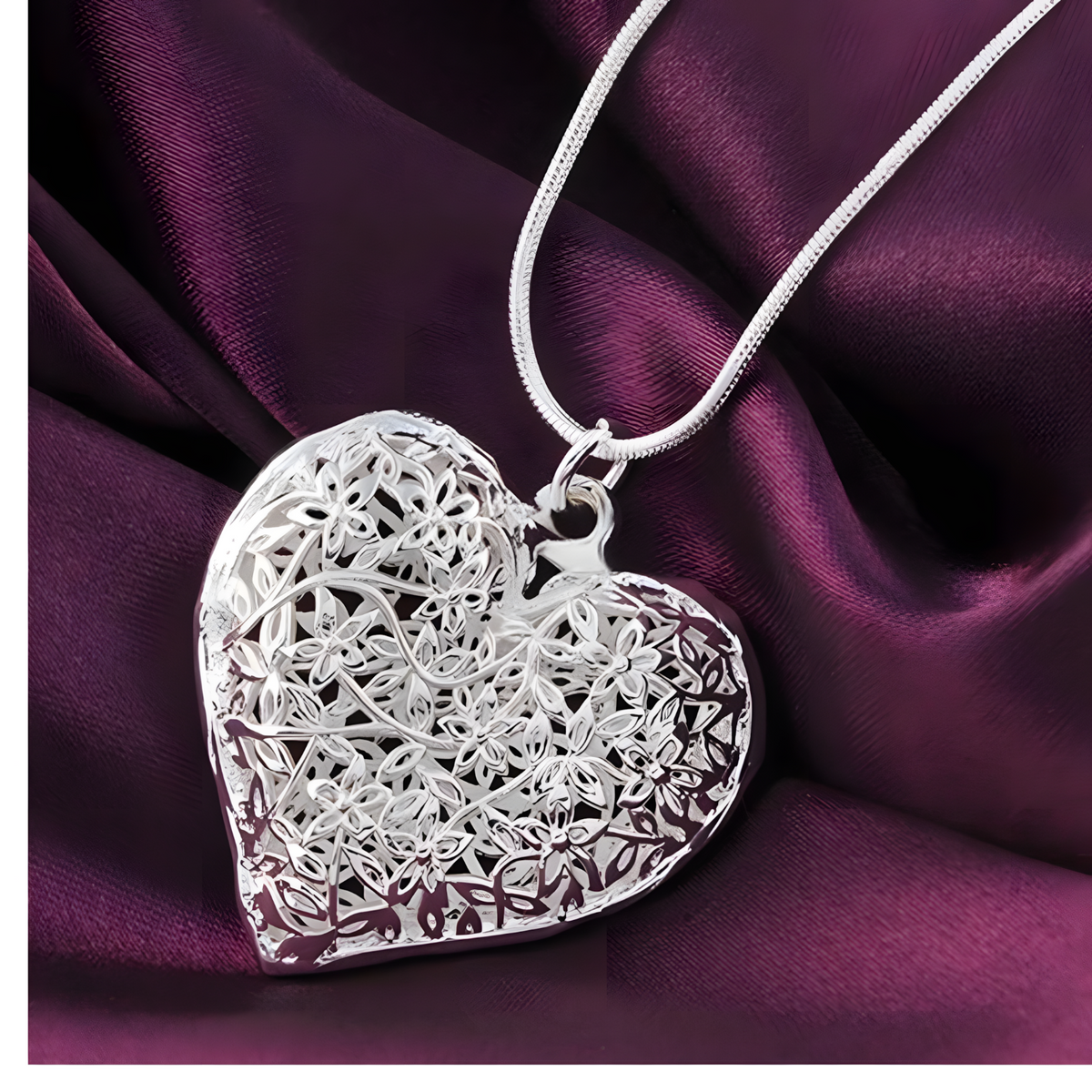 Filigree Heart Pendant Necklace for Women – Silver Plated Alloy Floral Cut 1101