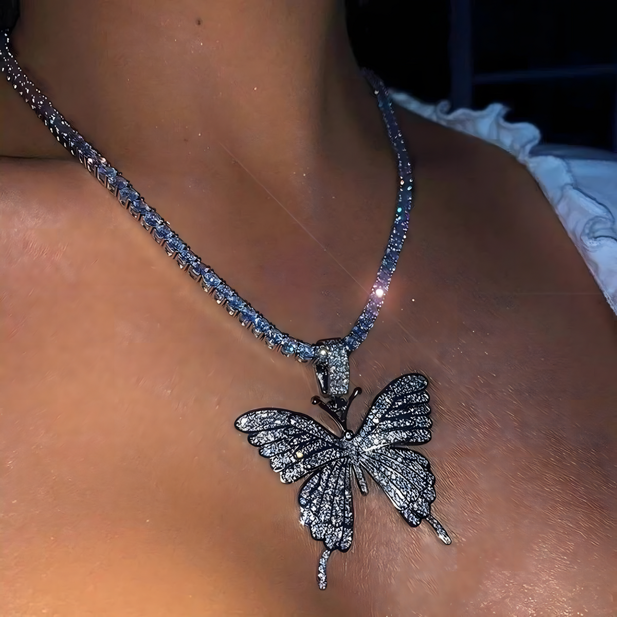 Womens Shiny Butterfly Pendant Necklace Hip Hop Iced Out Silver Tennis Chain 701