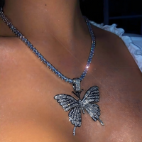 Womens Shiny Butterfly Pendant Necklace Hip Hop Iced Out Silver Tennis Chain 701