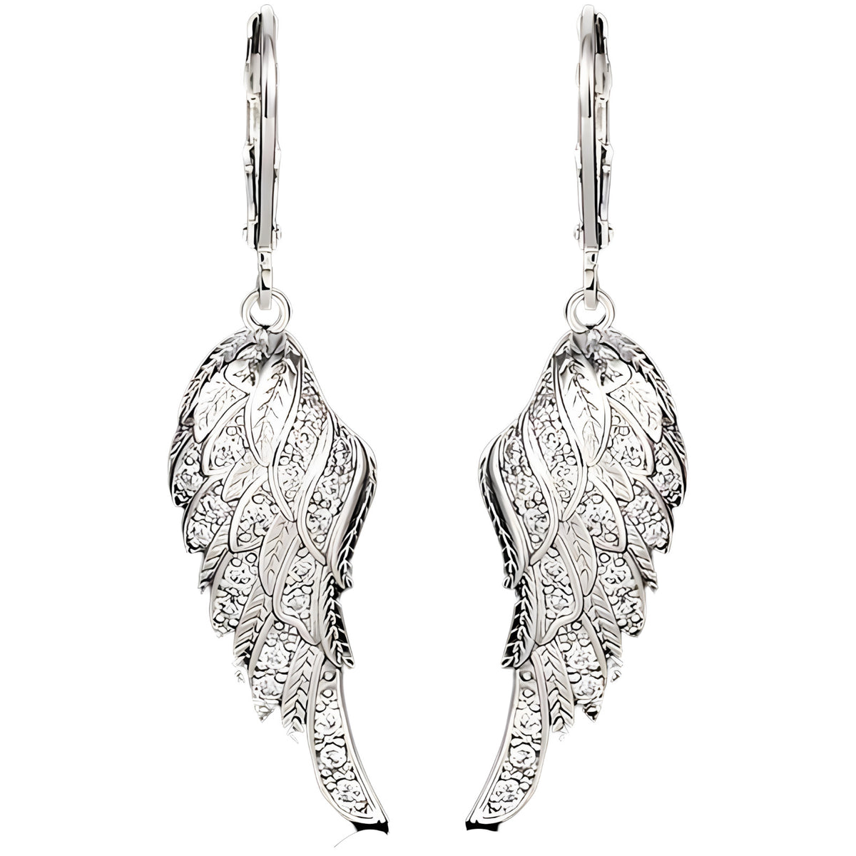 Angel Wing Dangle Earrings Sparkling Cubic Zirconia Crystals, Silver Plated 557