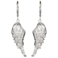 Angel Wing Dangle Earrings Sparkling Cubic Zirconia Crystals, Silver Plated 557