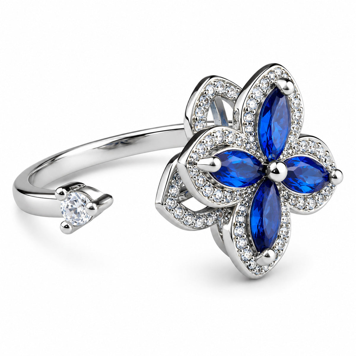 Blue Petal Spinner Ring Rotatable Adjustable Open Band Spinning Fidget Ring 1558