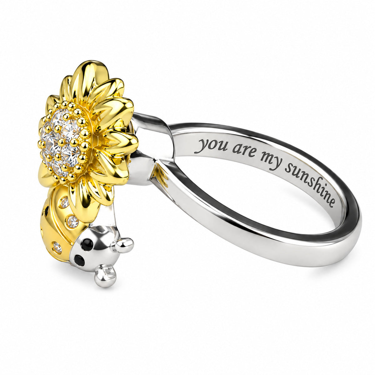 Sunflower Adjustable Open Ring Two Tone Floral Statement Ring  Marquise Cut 1584