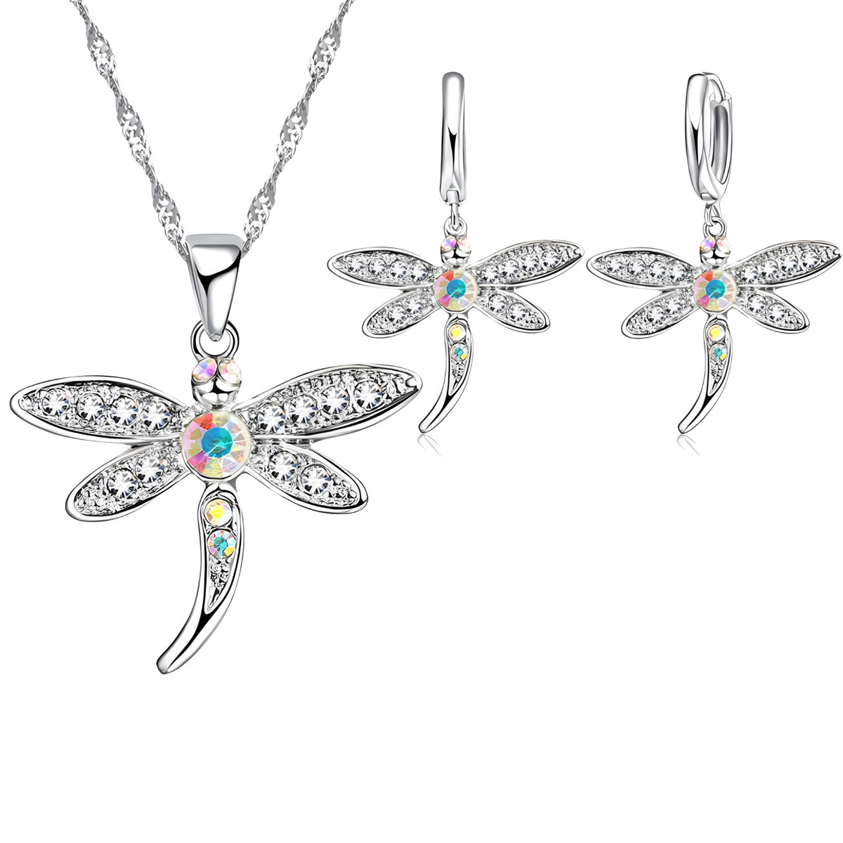 Cubic Zirconia 925 Sterling Silver Dragonfly Pendant Necklace Earrings Sets 534