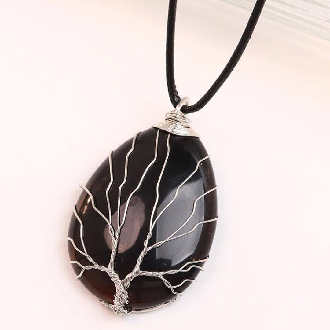 Tree Of Life Black Onyx Pendant Necklace Handmade Crystal Energy Healing 1332