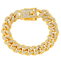 Gold Colour Cuban Link Bracelet For Women Men, Clear Rhinestone Pave Curb B329