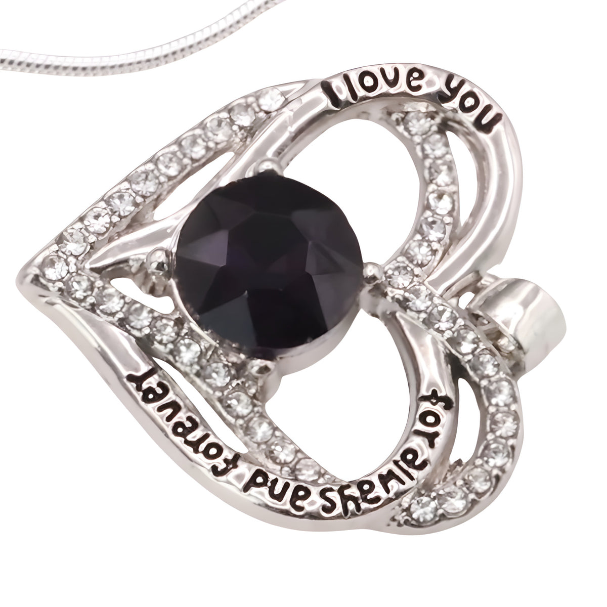Rhodium-Plated Base Metal Link Chain Royal Purple Stone Engraved Love You B271