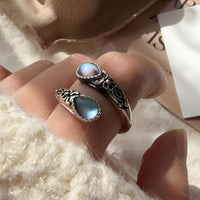 Adjustable Teardrop Blue Moonstone Effect Crystal Wrap Ring, Vintage Floral B349