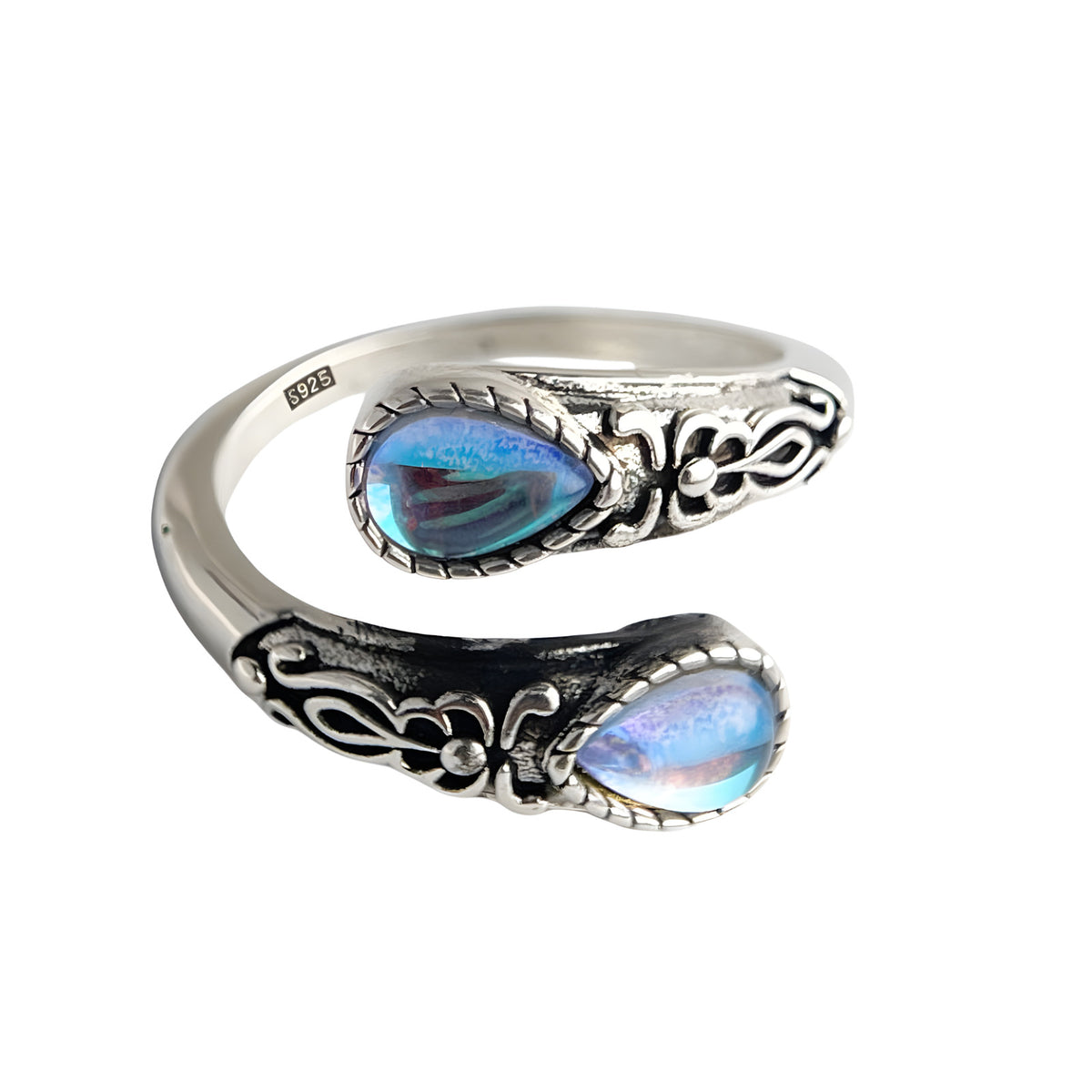 Adjustable Teardrop Blue Moonstone Effect Crystal Wrap Ring, Vintage Floral B349