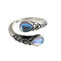 Adjustable Teardrop Blue Moonstone Effect Crystal Wrap Ring, Vintage Floral B349