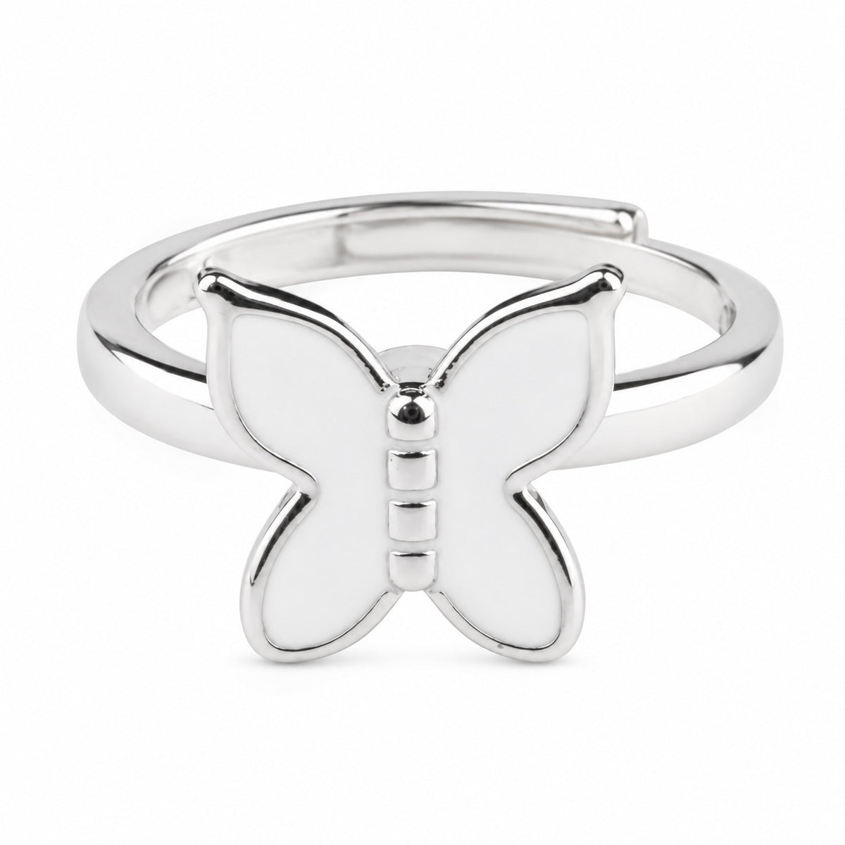 Adjustable Butterfly Ring Silver Tone Open Band Ring White Statement 1580