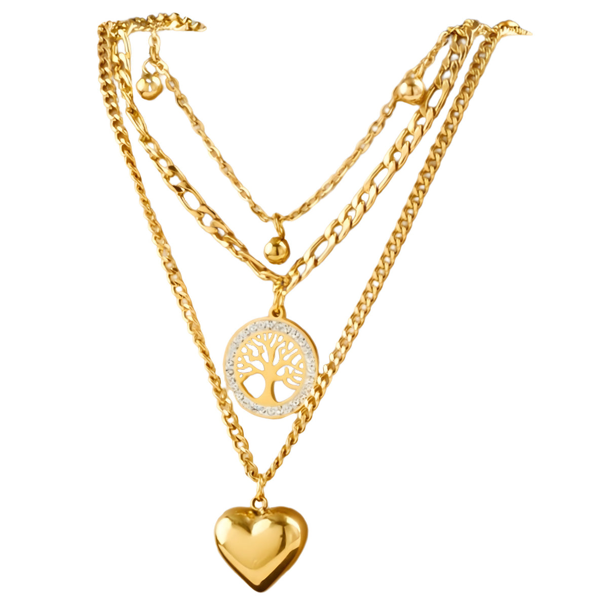 Gold Heart Tree of Life Layered Necklace for Women – Trendy Copper Metal 754