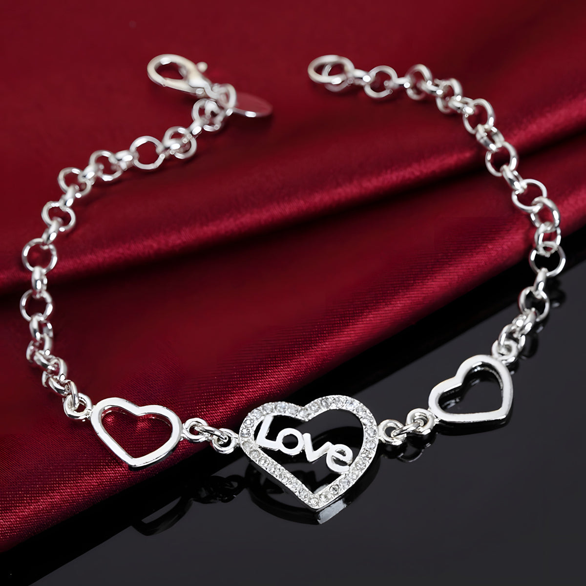 Unified Jewellery 925 Luxury Love Heart Chain Bracelet Clear Stones 20cm 1862