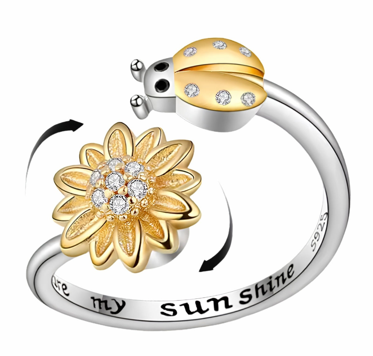 Sunflower Adjustable Open Ring Two Tone Floral Statement Ring  Marquise Cut 1584