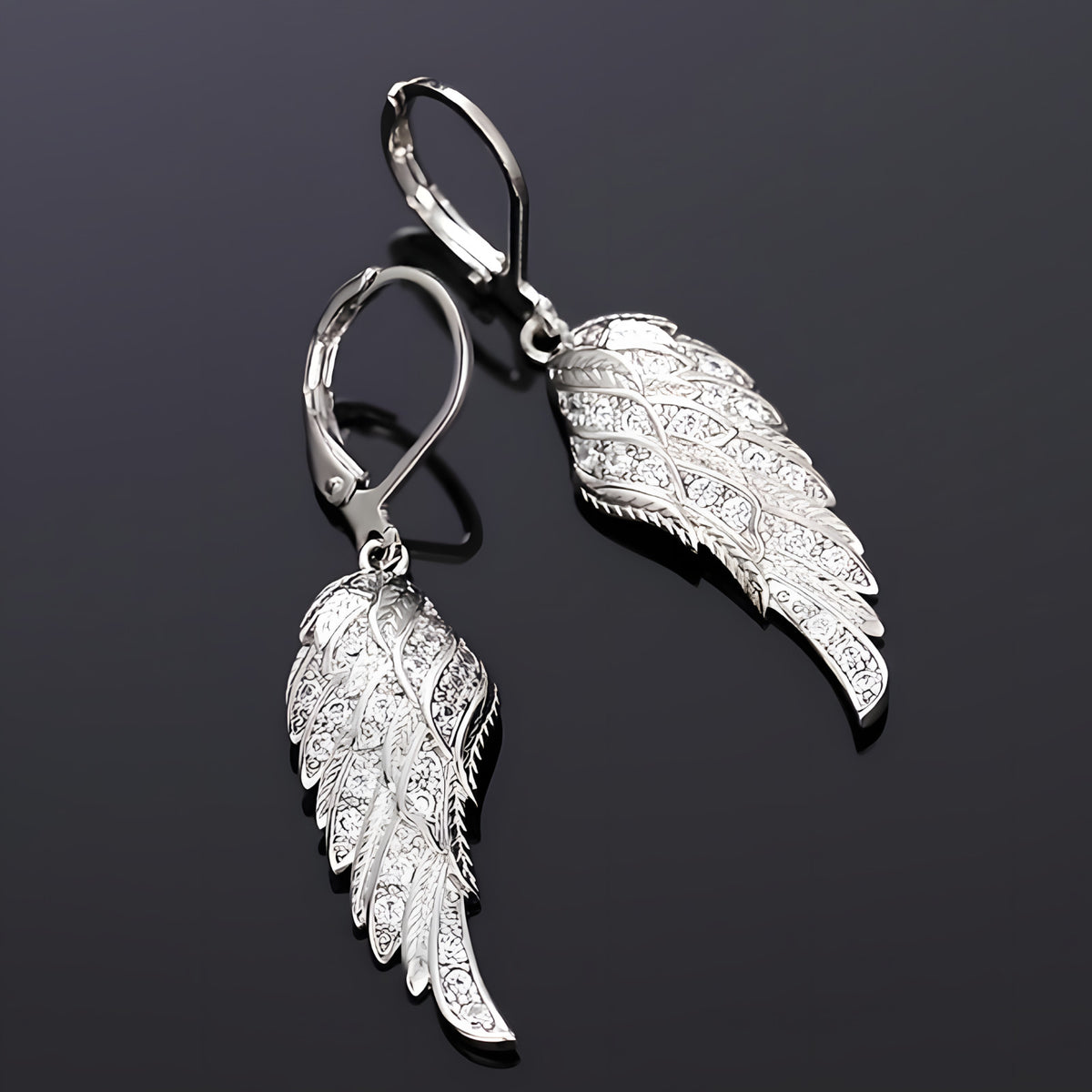 Angel Wing Dangle Earrings Sparkling Cubic Zirconia Crystals, Silver Plated 557