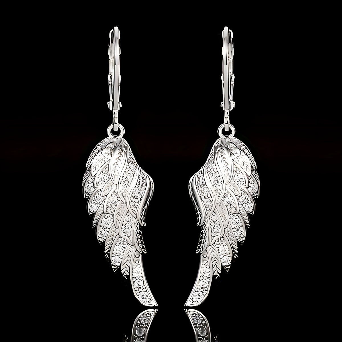 Angel Wing Dangle Earrings Sparkling Cubic Zirconia Crystals, Silver Plated 557