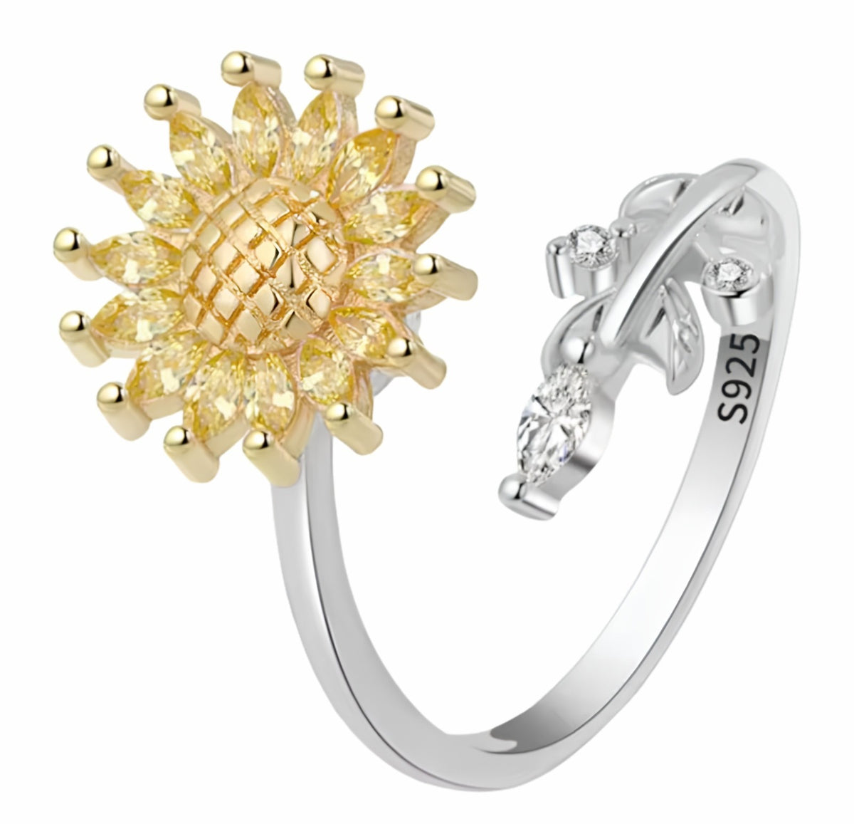 Sunflower Adjustable Open Ring Two Tone Floral Statement Ring with Yellow 1585