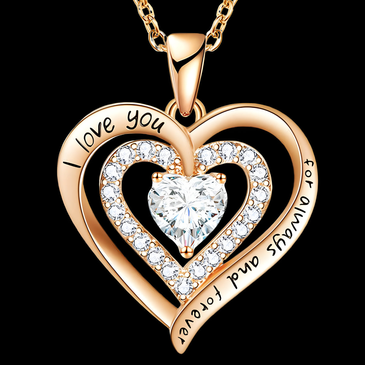 Double Heart Charm Necklace For Women Gold Plated Zinc Alloy Clear Crystal B293