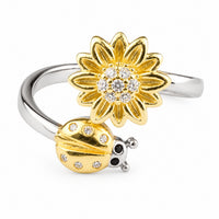 Sunflower Adjustable Open Ring Two Tone Floral Statement Ring  Marquise Cut 1584
