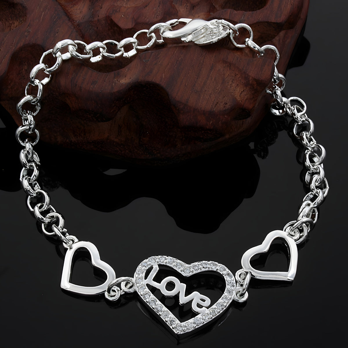 Unified Jewellery 925 Luxury Love Heart Chain Bracelet Clear Stones 20cm 1862