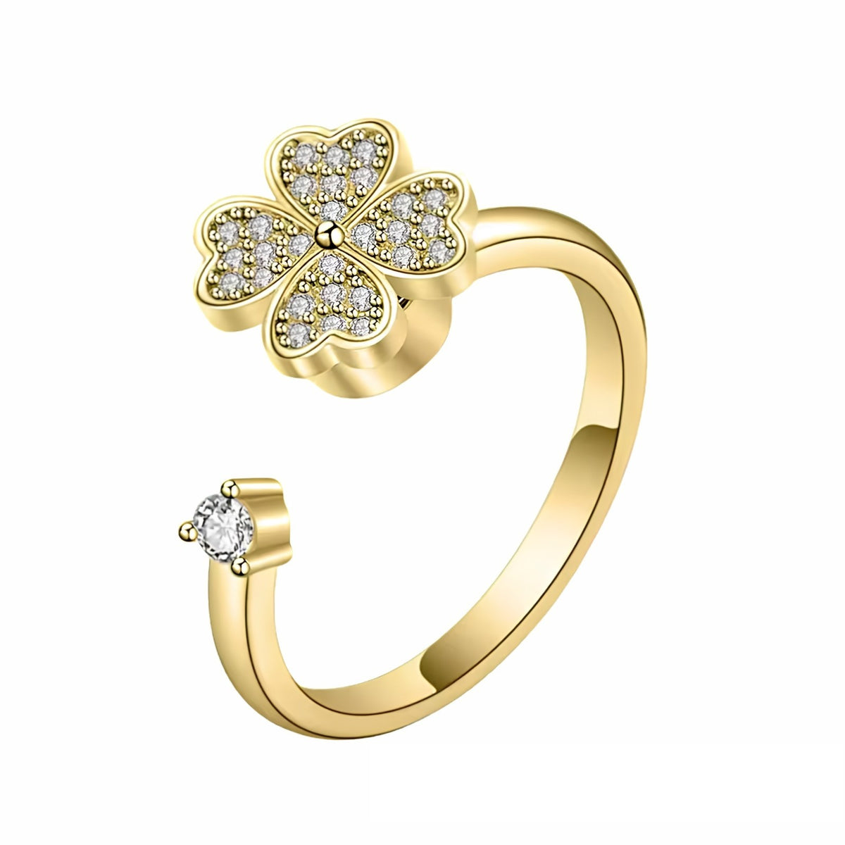 Four Leaf Clover Spinner Ring Rotatable Adjustable Open Ring Pave Zircon 1539