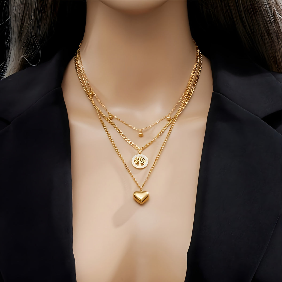 Gold Heart Tree of Life Layered Necklace for Women – Trendy Copper Metal 754