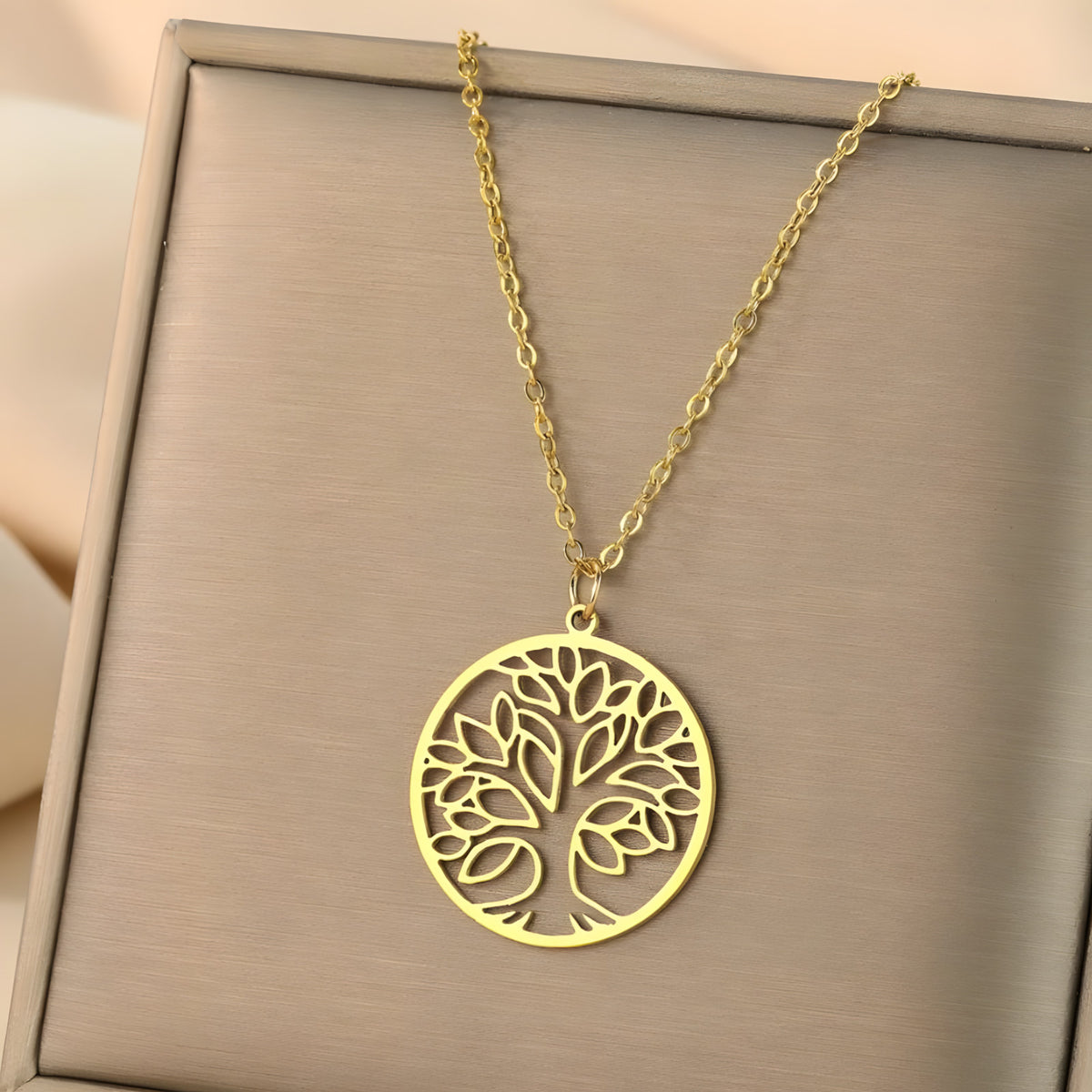 Tree of Life Necklace for Women – Gold Stainless Steel 26mm Round Pendant 1099