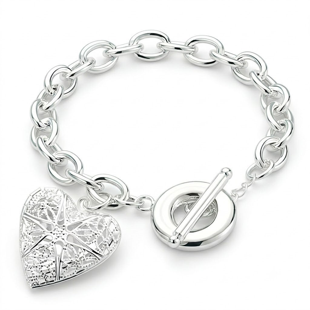 Heart Charm Bracelet, 20cm Chunky Link Chain with Openwork Heart Pendant 1880