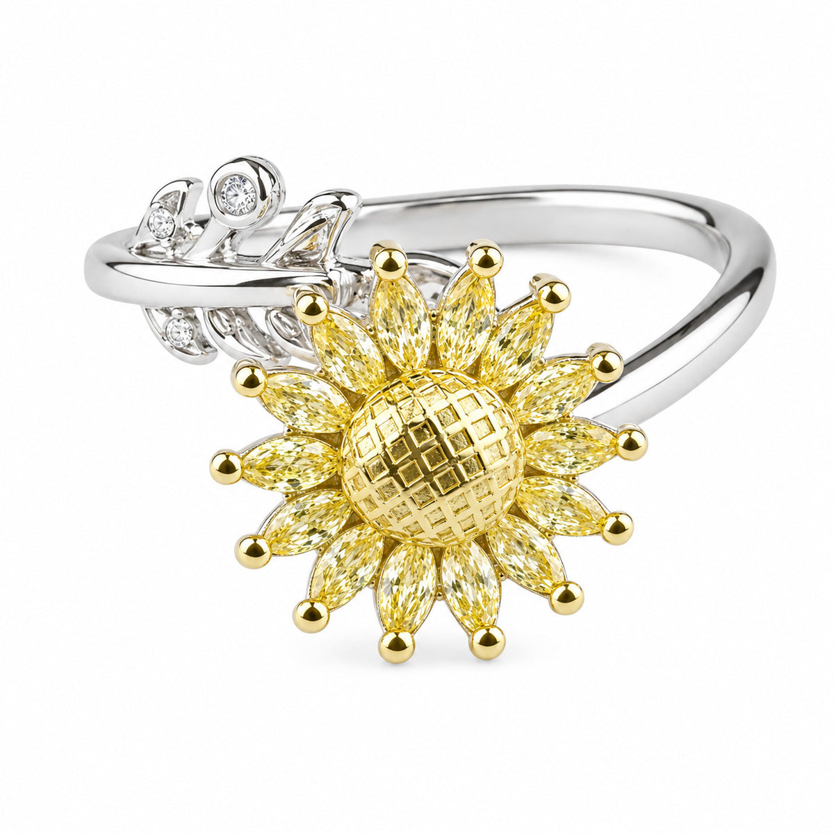 Sunflower Adjustable Open Ring Two Tone Floral Statement Ring with Yellow 1585