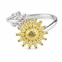 Sunflower Adjustable Open Ring Two Tone Floral Statement Ring with Yellow 1585