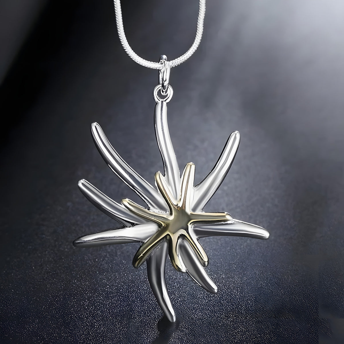 Two Tone Starburst Pendant Necklace with Silver Tone Snake Chain, Abstract 1878