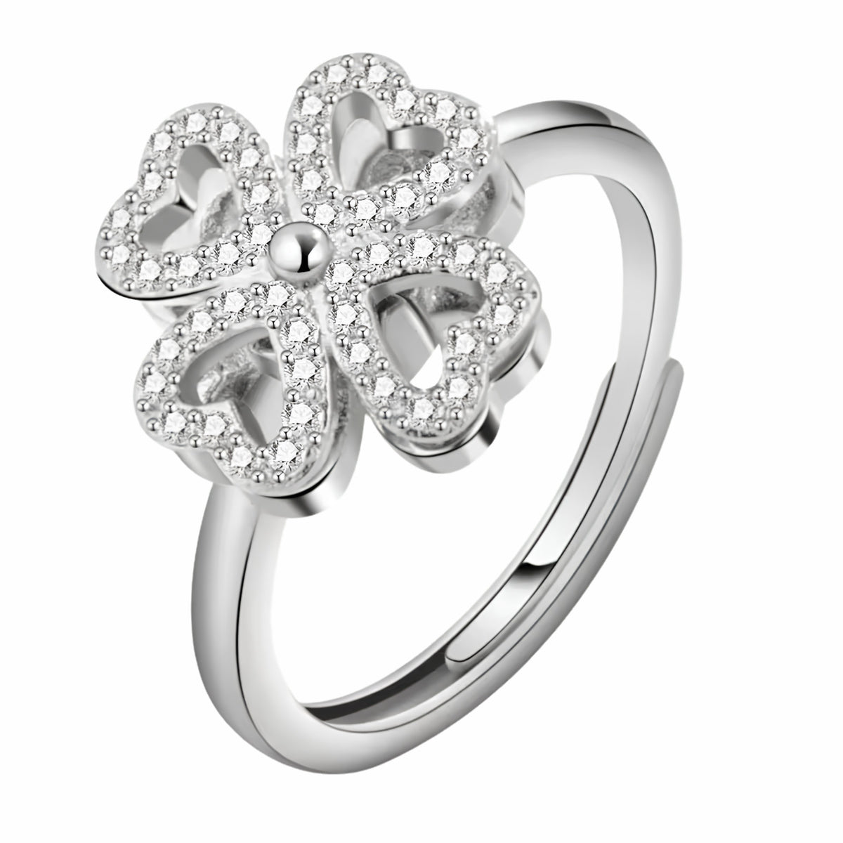 Rotatable Four-Leaf Clover Spinner Ring White Zircon Heart Petal Adjustable 1530