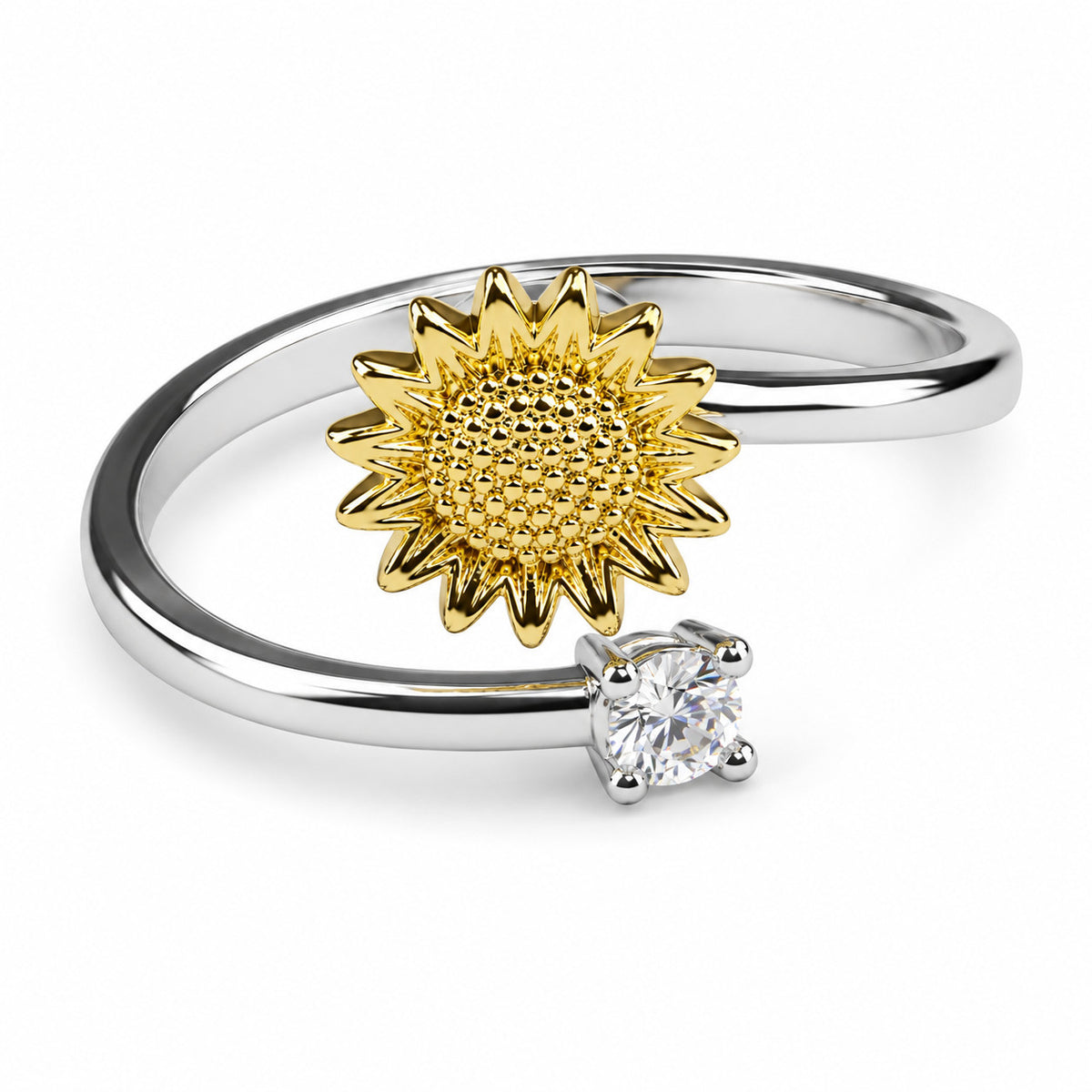 Two Tone Sunflower Ring Gold Silver Floral Spinner Adjustable Open Band 1544