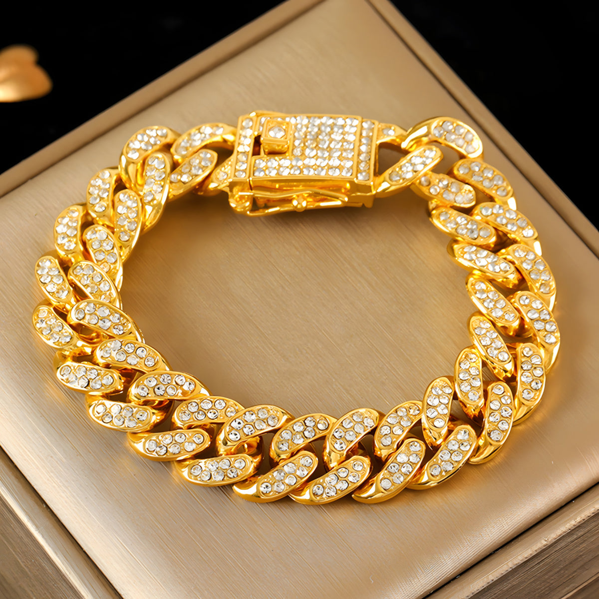 Gold Colour Cuban Link Bracelet For Women Men, Clear Rhinestone Pave Curb B329
