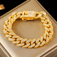 Gold Colour Cuban Link Bracelet For Women Men, Clear Rhinestone Pave Curb B329