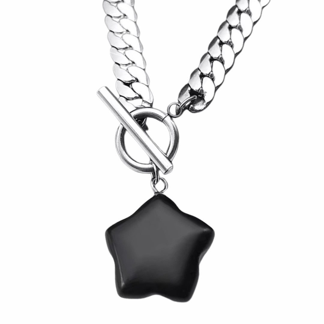Black Star Pendant Necklace 40cm Cuban Chain Toggle Clasp Gothic Streetwear 1327
