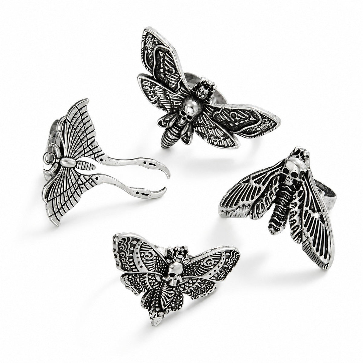 Unified Jewellery Premium 4pc Gothic Moth Skull Adjustable Ring Set 1861