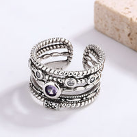 Adjustable Boho Ring For Women, Silver Colour Open Cuff Ring Purple Crystal B346