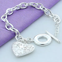 Heart Charm Bracelet, 20cm Chunky Link Chain with Openwork Heart Pendant 1880