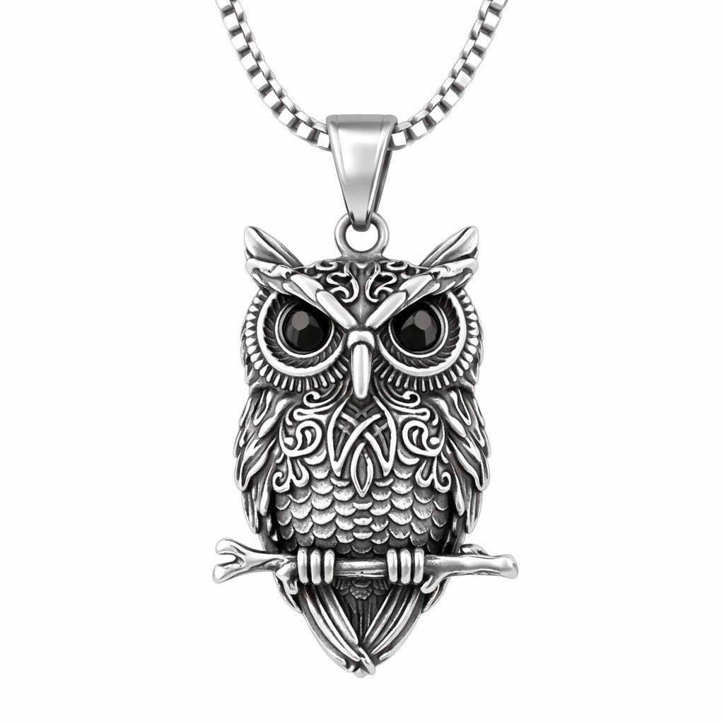 Owl Pendant Necklace with Black Crystal Eyes, 60cm Box Chain, 45mm Nordic 1879