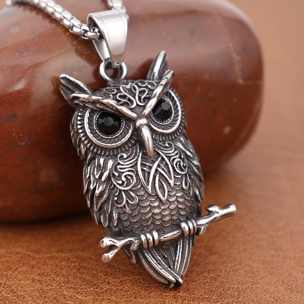 Owl Pendant Necklace with Black Crystal Eyes, 60cm Box Chain, 45mm Nordic 1879