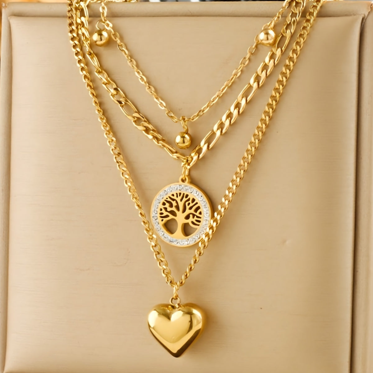 Gold Heart Tree of Life Layered Necklace for Women – Trendy Copper Metal 754