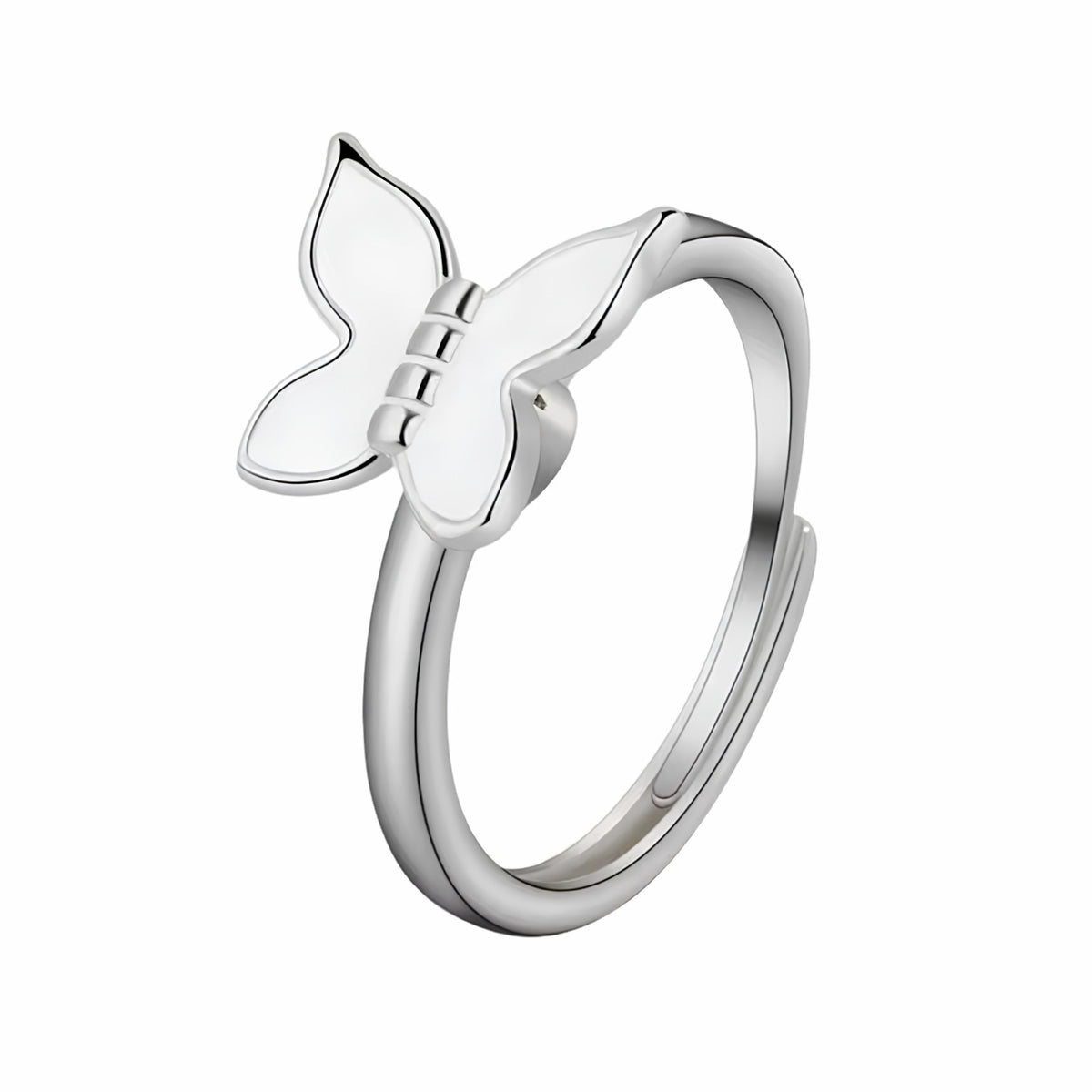 Adjustable Butterfly Ring Silver Tone Open Band Ring White Statement 1580