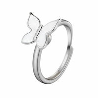 Adjustable Butterfly Ring Silver Tone Open Band Ring White Statement 1580