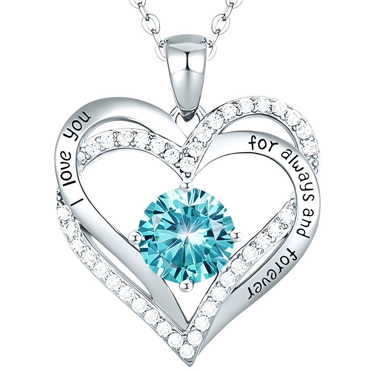 Love Heart Pendant Necklace For Women Rhodium-Plated Base Metal Aqua Blue B272