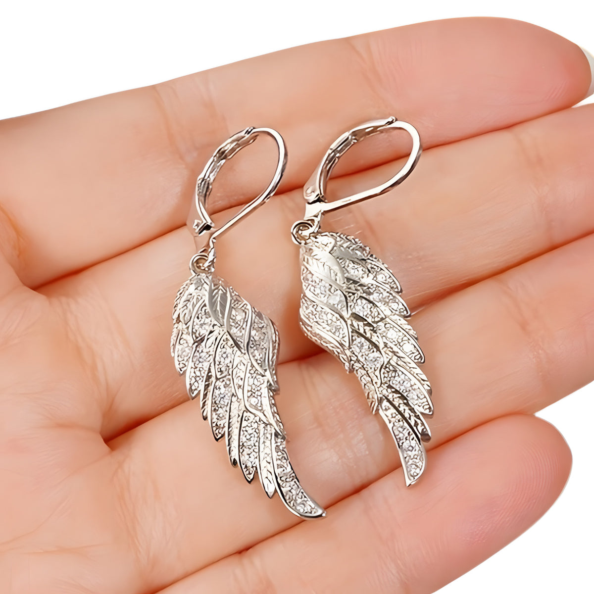 Angel Wing Dangle Earrings Sparkling Cubic Zirconia Crystals, Silver Plated 557