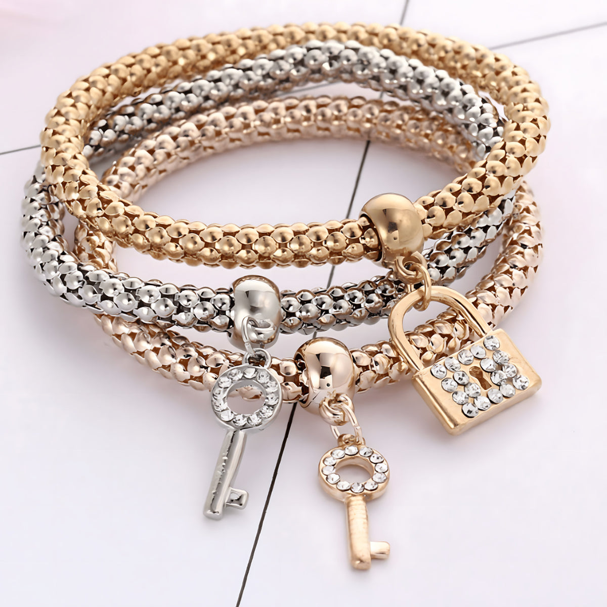3-Piece Lock & Key Charm Bracelets for Women Trendy Popcorn Chain Multi-Tone 760