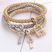 3-Piece Lock & Key Charm Bracelets for Women Trendy Popcorn Chain Multi-Tone 760