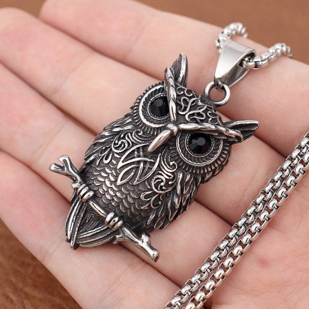 Owl Pendant Necklace with Black Crystal Eyes, 60cm Box Chain, 45mm Nordic 1879
