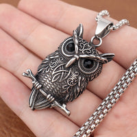 Owl Pendant Necklace with Black Crystal Eyes, 60cm Box Chain, 45mm Nordic 1879
